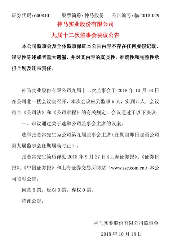 神马股份选举张金常先生为监事会主席