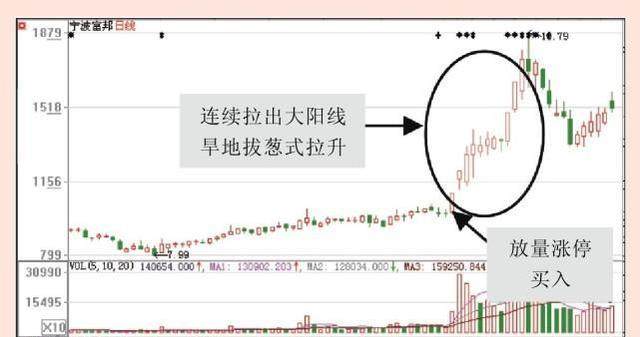 图 1-1 旱地拔葱式拉升实例 在股价快速被拉升的同时,成交量也伴随