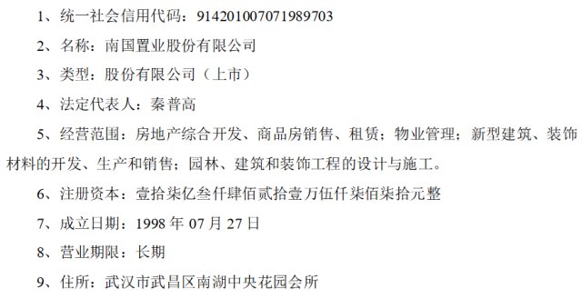 南國置業公司法定代表人變更為秦普高工商變更登記已完成